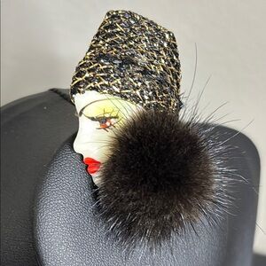 Vintage Painted Face Brooch Mink Fur Accent Lady Brooch